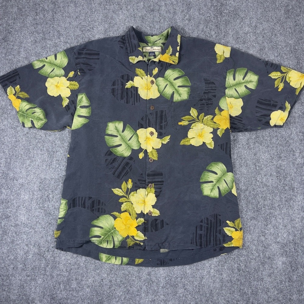 Tommy Bahama Button Down Shirt Mens Large Gray Silk Tropical Floral Hibiscus